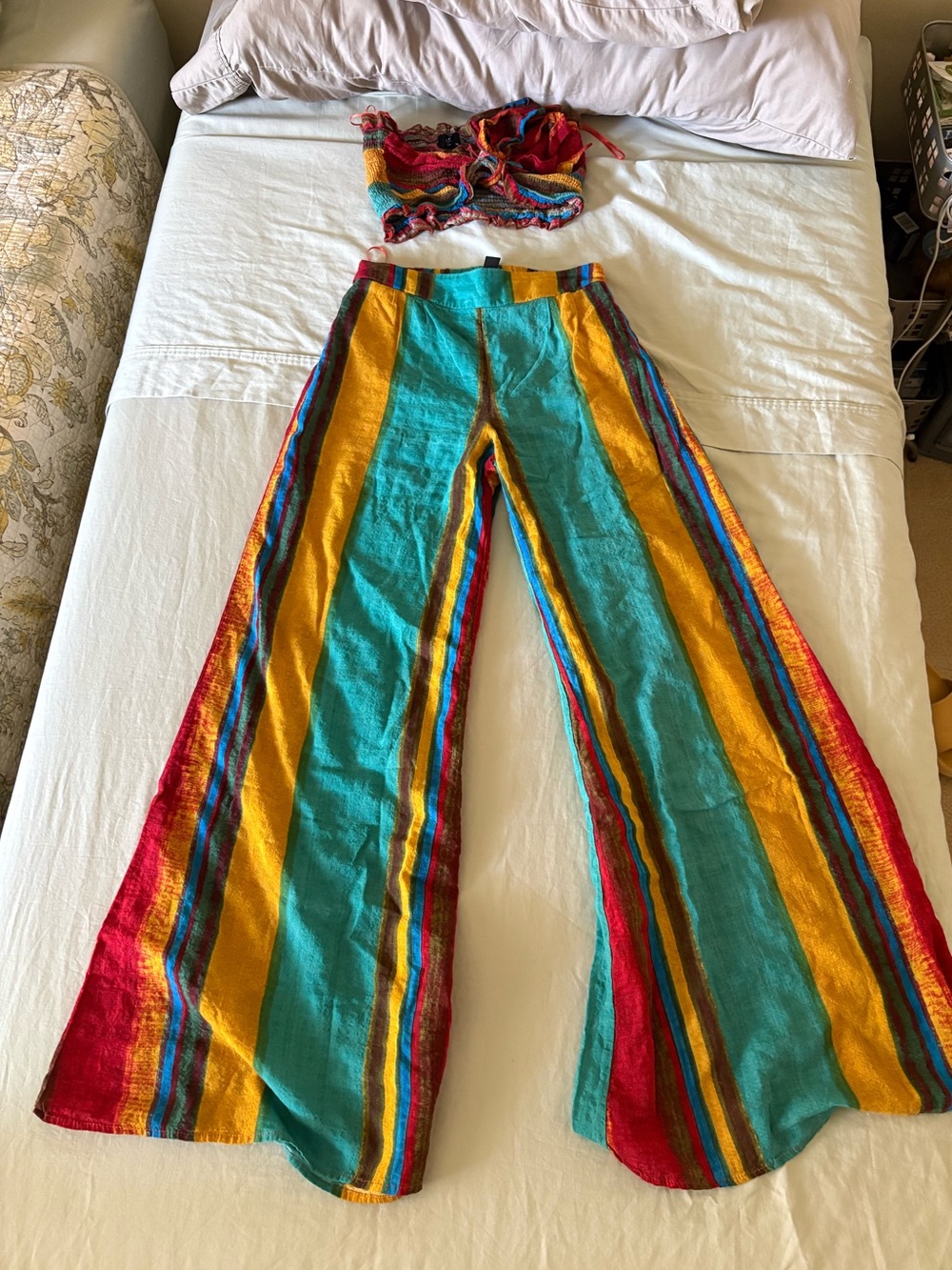 Cider Teal, Mustard & Red Striped Wide-Leg Pants and Top